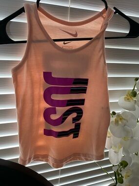 Nike Girls Peach Tank Top with Purple 'JUST' Graphic